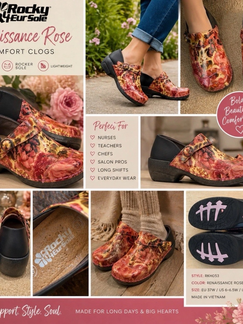Rocky 4EurSole Clogs 6-6.5 Renaissance Rose Nurse Floral Patent Boho Mary Jane